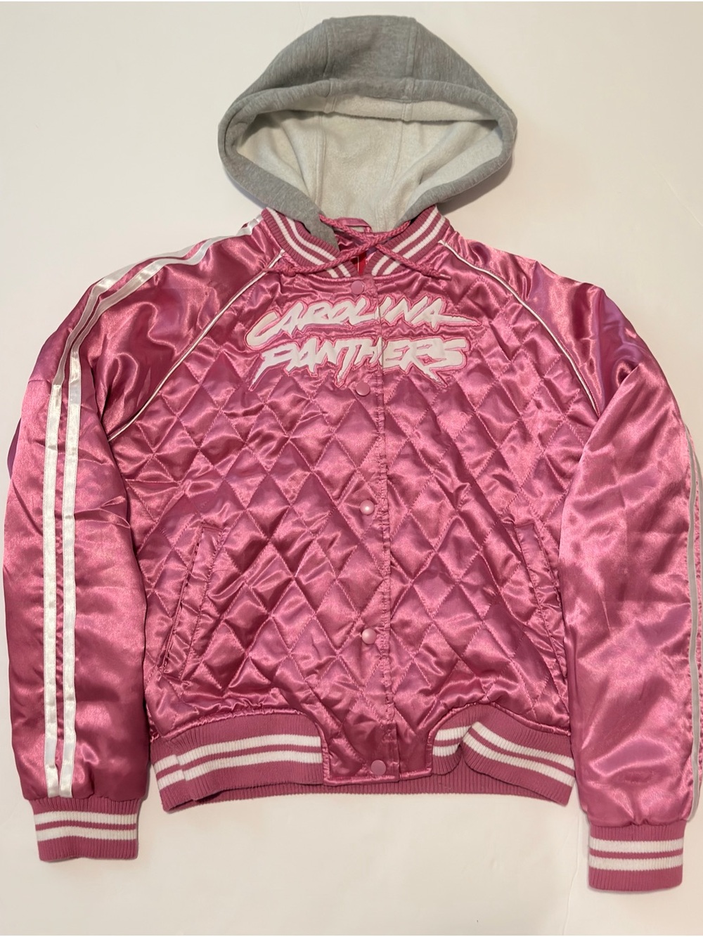 NFL Women’s Carolina Panthers Pink Satin Quilted Bomber Jacket with Hood Size L